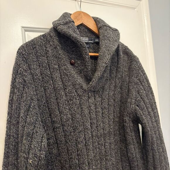 Ralph Lauren Polo Shawl collar Sweater XXL 100% Wool Grey Academia Winter Snow - Picture 5 of 8